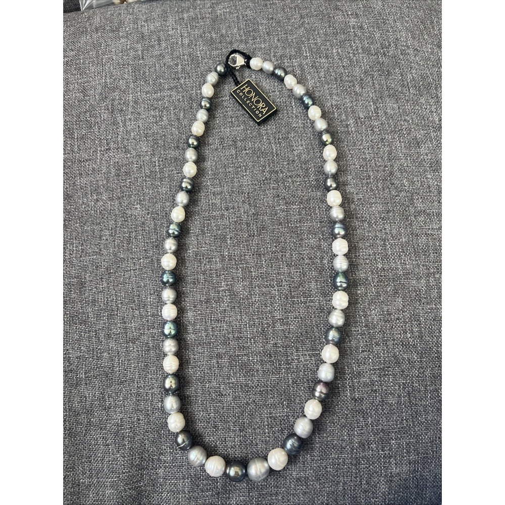 White, TWO TONE LUSTER GENUINE Pearl HONORA NECKLACE 925 STERLING SILVER